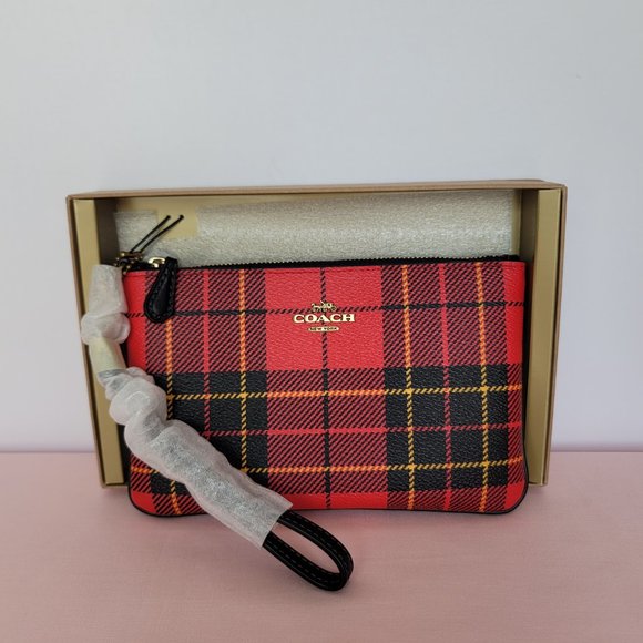 COACH Small Printed Plaid Coated Canvas Wristlet- Red Multi $75. ⭐ - Picture 2 of 16